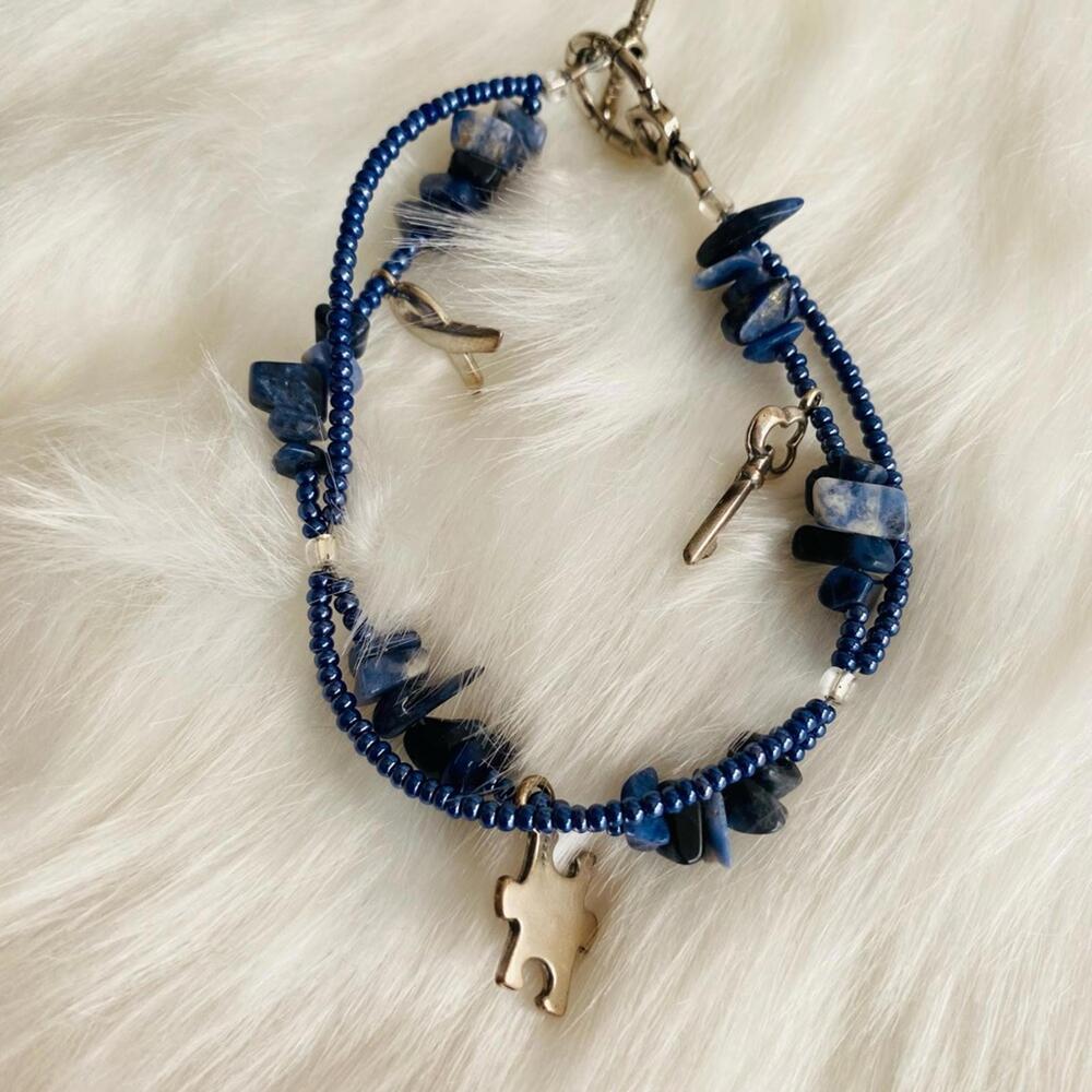 Blue Beaded Puzzle Piece Charm Bracelet
